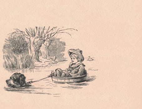 Black and white antique illustration shows a boy and dog sails in the river. Vintage illustration shows the boy sits in the barrel and sails in the river. Old picture from fairy tale book. Storybook illustration published 1910. Oral storytelling is the earliest method for sharing narratives. During most people's childhoods, narratives are used to guide them on proper behavior, cultural history, formation of a communal identity, and values, as especially studied in anthropology today among traditional indigenous peoples.