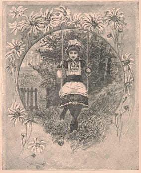 Black and white antique illustration shows a girl swinging on a swing. Vintage illustration shows the girl sitting on a swing in the garden. Old picture from fairy tale book. Storybook illustration published 1910. Oral storytelling is the earliest method for sharing narratives. During most people's childhoods, narratives are used to guide them on proper behavior, cultural history, formation of a communal identity, and values, as especially studied in anthropology today among traditional indigenous peoples.