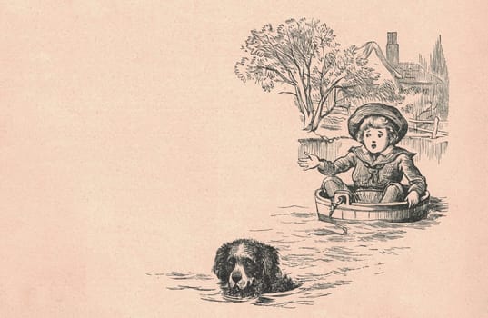 Black and white antique illustration shows a boy and dog sails in the river. Vintage illustration shows the boy boy sits in the barrel and sails in the river. Old picture from fairy tale book. Storybook illustration published 1910. Oral storytelling is the earliest method for sharing narratives. During most people's childhoods, narratives are used to guide them on proper behavior, cultural history, formation of a communal identity, and values, as especially studied in anthropology today among traditional indigenous peoples.
