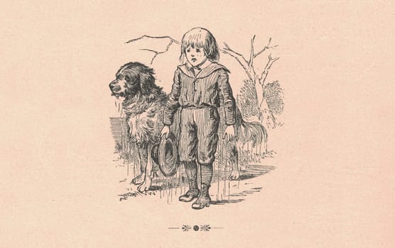 Black and white antique illustration shows a drenched boy and dog . Vintage illustration shows soaked boy and dog. Old picture from fairy tale book. Storybook illustration published 1910. A fairy tale, fairytale, wonder tale, magic tale, fairy story or Marchen is an instance of folklore genre that takes the form of a short story. Such stories typically feature mythical entities such as dwarfs, dragons, elves, fairies and Peris, giants, Divs, gnomes, goblins, griffins, mermaids, talking animals, trolls, unicorns, or witches, and usually magic or enchantments.