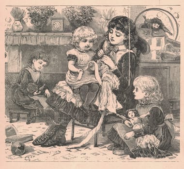 Black and white antique illustration shows children in the living room. Vintage illustration shows children at home. Old picture from fairy tale book. Storybook illustration published 1910. A fairy tale, fairytale, wonder tale, magic tale, fairy story or Marchen is an instance of folklore genre that takes the form of a short story. Such stories typically feature mythical entities such as dwarfs, dragons, elves, fairies and Peris, giants, Divs, gnomes, goblins, griffins, mermaids, talking animals, trolls, unicorns, or witches, and usually magic or enchantments.