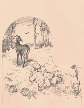 Black and white antique illustration shows a little girl looks at deer doe on the meadow. Vintage drawing shows a a little girl looks at deer doe on the meadow. Old picture from fairy tale book. Storybook illustration published 1910. A fairy tale, fairytale, wonder tale, magic tale, fairy story or Marchen is an instance of folklore genre that takes the form of a short story. Such stories typically feature mythical entities such as dwarfs, dragons, elves, fairies and Peris, giants, Divs, gnomes, goblins, griffins, mermaids, talking animals, trolls, unicorns, or witches, and usually magic or enchantments.