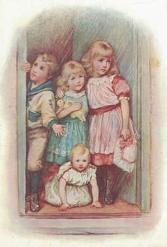 Colorful antique illustration shows little girls and boy. Vintage drawing shows a group of children. Old picture from fairy tale book. Storybook illustration published 1910. A fairy tale, fairytale, wonder tale, magic tale, fairy story or Marchen is an instance of folklore genre that takes the form of a short story. Such stories typically feature mythical entities such as dwarfs, dragons, elves, fairies and Peris, giants, Divs, gnomes, goblins, griffins, mermaids, talking animals, trolls, unicorns, or witches, and usually magic or enchantments.