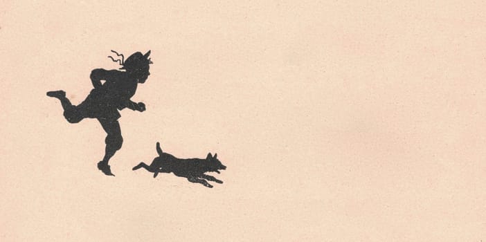 Black and white antique illustration shows a boy and a dog. Vintage illustration shows silhouette of the boy and the dog. Old picture from fairy tale book. Storybook illustration published 1910. A fairy tale, fairytale, wonder tale, magic tale, fairy story or Marchen is an instance of folklore genre that takes the form of a short story. Such stories typically feature mythical entities such as dwarfs, dragons, elves, fairies and Peris, giants, Divs, gnomes, goblins, griffins, mermaids, talking animals, trolls, unicorns, or witches, and usually magic or enchantments.