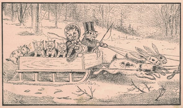 Black and white antique illustration shows a cat family sits on a sleigh that is pulled by the hares. Vintage drawing shows the cat family sits on a sleigh that is drawn by the jackrabbits. Old picture from fairy tale book. Storybook illustration published 1910. A fairy tale, fairytale, wonder tale, magic tale, fairy story or Marchen is an instance of folklore genre that takes the form of a short story. Such stories typically feature mythical entities such as dwarfs, dragons, elves, fairies and Peris, giants, Divs, gnomes, goblins, griffins, mermaids, talking animals, trolls, unicorns, or witches, and usually magic or enchantments.