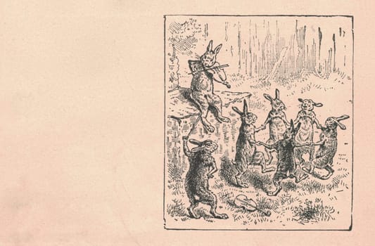 Black and white antique illustration shows a group of hares dances on a meadow. Vintage drawing shows the jackrabbits in the forest. Old picture from fairy tale book. Storybook illustration published 1910. A fairy tale, fairytale, wonder tale, magic tale, fairy story or Marchen is an instance of folklore genre that takes the form of a short story. Such stories typically feature mythical entities such as dwarfs, dragons, elves, fairies and Peris, giants, Divs, gnomes, goblins, griffins, mermaids, talking animals, trolls, unicorns, or witches, and usually magic or enchantments.