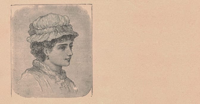 Black and white antique illustration shows a portrait of a young lady. Vintage drawing shows the portrait of the beautiful young woman. Old picture from fairy tale book. Storybook illustration published 1910.