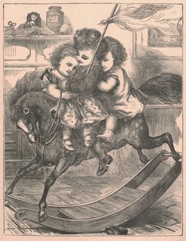 Black and white antique illustration shows children swing on a rocking horse. Vintage drawing shows the children swing on the rocking horse. Old picture from fairy tale book. Storybook illustration published 1910. A fairy tale, fairytale, wonder tale, magic tale, fairy story or Marchen is an instance of folklore genre that takes the form of a short story. Such stories typically feature mythical entities such as dwarfs, dragons, elves, fairies and Peris, giants, Divs, gnomes, goblins, griffins, mermaids, talking animals, trolls, unicorns, or witches, and usually magic or enchantments.