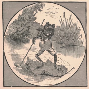 Black and white antique illustration shows a male frog sails on a leaf. Vintage drawing shows the frog sails on the leaf. Old picture from fairy tale book. Storybook illustration published 1910. A fairy tale, fairytale, wonder tale, magic tale, fairy story or Marchen is an instance of folklore genre that takes the form of a short story. Such stories typically feature mythical entities such as dwarfs, dragons, elves, fairies and Peris, giants, Divs, gnomes, goblins, griffins, mermaids, talking animals, trolls, unicorns, or witches, and usually magic or enchantments.