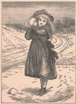 Black and white antique illustration shows a girl holds a snowball. Vintage drawing shows the cute girl holds the snowball in wintertime. Old picture from fairy tale book. Storybook illustration published 1910. A fairy tale, fairytale, wonder tale, magic tale, fairy story or Marchen is an instance of folklore genre that takes the form of a short story. Such stories typically feature mythical entities such as dwarfs, dragons, elves, fairies and Peris, giants, Divs, gnomes, goblins, griffins, mermaids, talking animals, trolls, unicorns, or witches, and usually magic or enchantments.