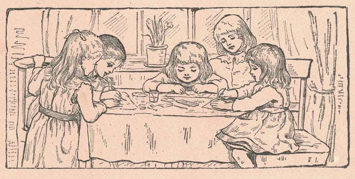 Black and white antique illustration shows children that paint and draw around the table. Vintage drawing shows the children sit around the table. Old picture from fairy tale book. Storybook illustration published 1910. A fairy tale, fairytale, wonder tale, magic tale, fairy story or Marchen is an instance of folklore genre that takes the form of a short story. Such stories typically feature mythical entities such as dwarfs, dragons, elves, fairies and Peris, giants, Divs, gnomes, goblins, griffins, mermaids, talking animals, trolls, unicorns, or witches, and usually magic or enchantments.