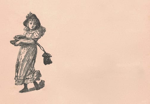 Black and white antique illustration shows a girl holds a pile of books. Vintage drawing shows the girl carries a small pile of books. Old picture from fairy tale book. Storybook illustration published 1910. A fairy tale, fairytale, wonder tale, magic tale, fairy story or Marchen is an instance of folklore genre that takes the form of a short story. Such stories typically feature mythical entities such as dwarfs, dragons, elves, fairies and Peris, giants, Divs, gnomes, goblins, griffins, mermaids, talking animals, trolls, unicorns, or witches, and usually magic or enchantments.