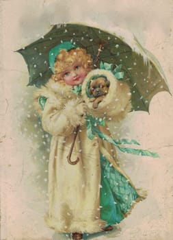 Colorful antique illustration shows a girl holds a small dog at wintertime. Vintage drawing shows the girl carries a little dog and holds umbrella in winter. Old picture from fairy tale book. Storybook illustration published 1910. A fairy tale, fairytale, wonder tale, magic tale, fairy story or Marchen is an instance of folklore genre that takes the form of a short story. Such stories typically feature mythical entities such as dwarfs, dragons, elves, fairies and Peris, giants, Divs, gnomes, goblins, griffins, mermaids, talking animals, trolls, unicorns, or witches, and usually magic or enchantments.