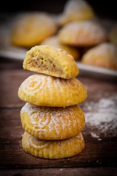 Traditional eid maamoul or mamoul cookies with dates, nuts, and jam, Arabic sweets for Aid al-Fitr and easter, High quality photo