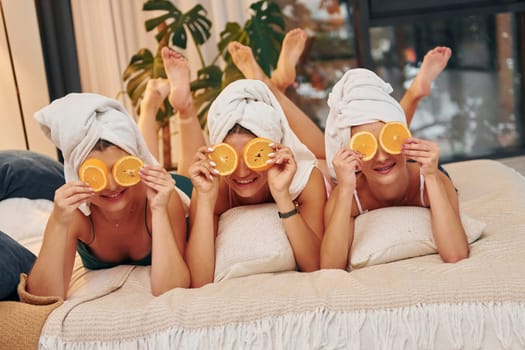Conception of beauty and spa. Group of happy women that is at a bachelorette party.