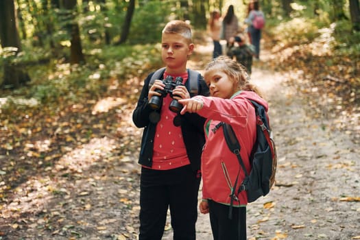 Founding the way. Kids in green forest at summer daytime together.