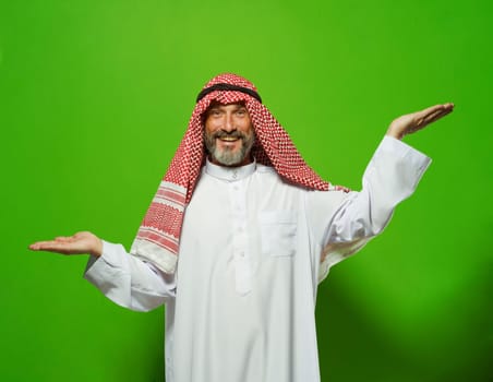 Arab mature man depicts scales with his hands at different levels. Concept of decision-making, weighing options, and finding balance. ideas of justice, equality, and fairness, using metaphor of scales to depict importance of making right choice, comparing options, and achieving balance in life. High quality photo