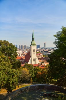 Slovakia, Bratislava - October 8, 2022: View of St. Mary's Cathedral and the Bratislava city, Slovakia. High quality photo