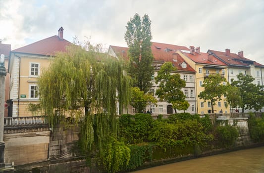 Beautiful green embankment with houses in Ljubljana, Slovenia. High quality photo