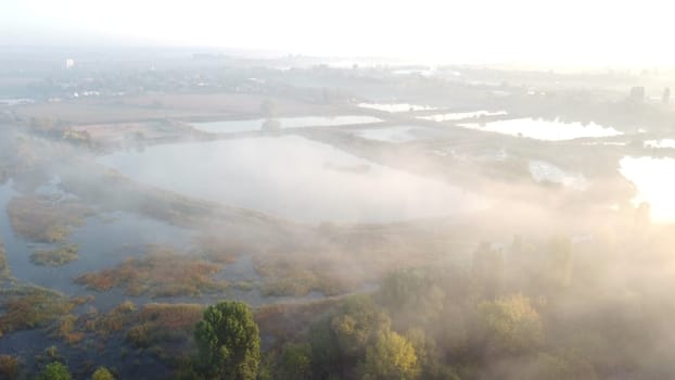 Lakes, artificially created water ponds for growing fish farming with morning mist on an early summer sunny morning. Nature scenery, natural landscape. Sunlight, sunshine. Top view. Aerial drone view.