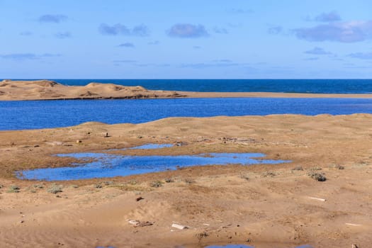 Calm waters of blue lagoon on deserted sandy beach on sunny Point Reyes day. High quality photo