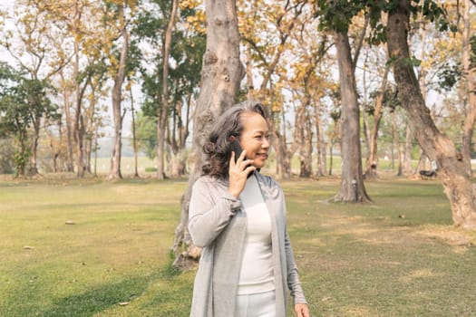 Happy senior woman at park using mobile phone. Cute elderly woman receive a message phone for her beloved.