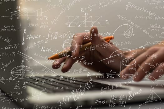 Student or teacher with mathematical and scientific formulas. Concepts of education. Symbols and equations on a virtual interface. Double exposure.