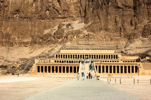 Luxor, Egypt - April 16 2008: Tourists visiting the temple of Hatshepsut, Luxor, Egypt