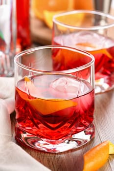 A classic Negroni made with equal parts Campari, gin and sweet vermouth and garnished with orange zest. The perfect aperitif before dinner