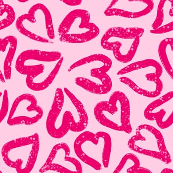 Hand drawn seamless pattern with hot hyper pink st valentines day hearts love. Cute romantic doodle on white background, wrapping paper textile, valentine texture symbol fabric print, simple shapes