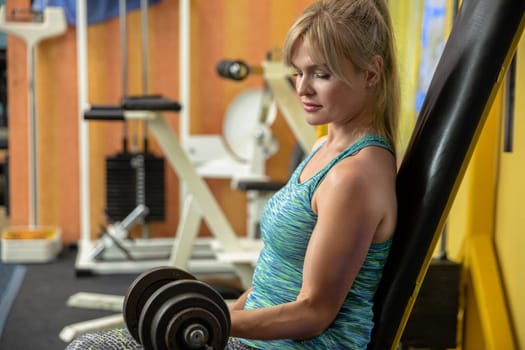 Profile view of a silhouette of a woman sitting on an exercise machine. A girl is lifting weights at the gym. The woman holds a weight in her hand and lifts it. Blurred background.