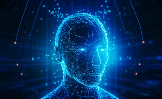 Futuristic medical technology abstract head abstract head graph of a person with graphs and cables on a background. Hi tech Wireframe human AI system concept.