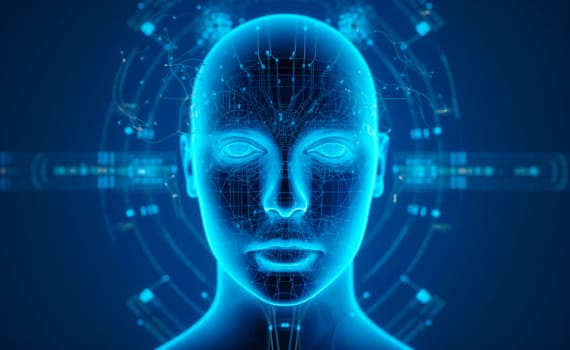 Futuristic medical technology abstract head abstract head graph of a person with graphs and cables on a background. Hi tech Wireframe human AI system concept.