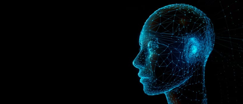 Futuristic medical technology abstract head abstract head graph of a person with graphs and cables on a background. Hi tech Wireframe human AI system concept.