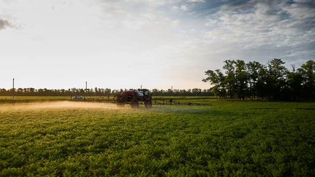 Sprayer CASE 3330 spraying pesticides on chickpea field. Field treatment with chemicals against pests, insects and plant diseases. Taking care of the Crop. 21.06.22, Rostov area. Russia