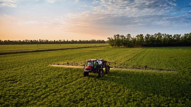 Sprayer CASE 3330 spraying pesticides on chickpea field. Field treatment with chemicals against pests, insects and plant diseases. Taking care of the Crop. 21.06.22, Rostov area. Russia