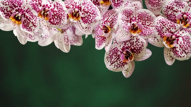 Website banner of pink spotted white orchid flower petals. Lots of petals at the top of photo, there is free space for a note on a green background below.