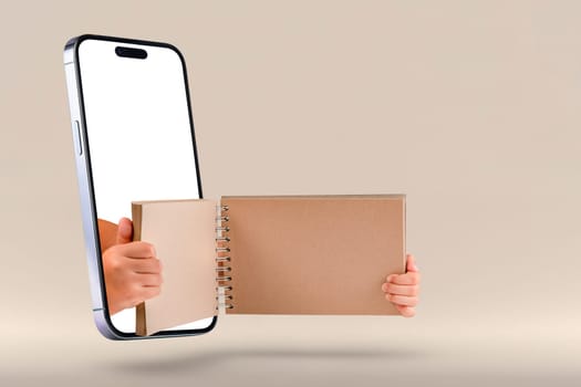 Notes on the phone, notebook in mobile devices, online learning. Smartphone mockup with blank screen replacement. Hands are holding a notebook from the screen of the phone. Copy space