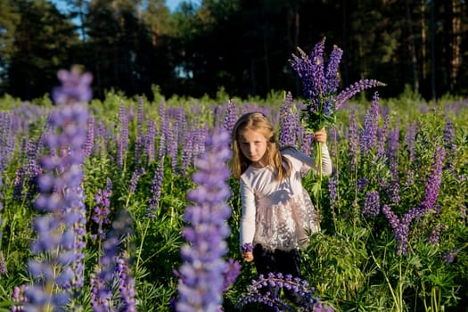 portrait of cute little happy two year old kid girl with bloom flowers lupines in field of purple flowers. Child in nature concept.