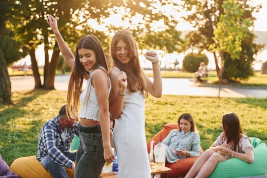 Standing and having fun. Group of young people have a party in the park at summer daytime.