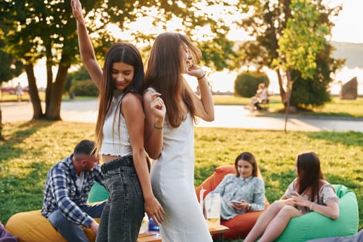 Women posing for the camera. Group of young people have a party in the park at summer daytime.