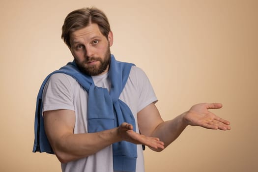 Man raising hands asking what why reason of failure, demonstrating disbelief irritation by troubles, trendy social media meme, anti lifehacks ridicules people who complicate simple tasks for no reason