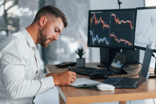 Young businessman in formal clothes is in office with multiple screens.