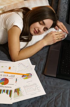 A young girl fell asleep in bed studying reporting information - work. Remote work, training. Vertical frame.