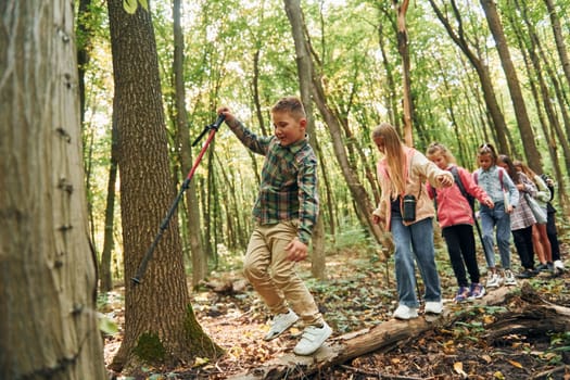 Walking on the log. Kids in green forest at summer daytime together.