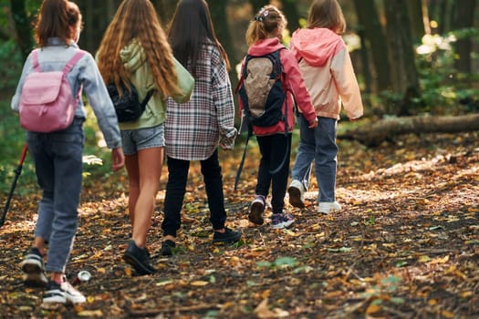 With touristic equipment. Kids in green forest at summer daytime together.
