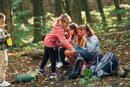 Kids in green forest at summer daytime together.