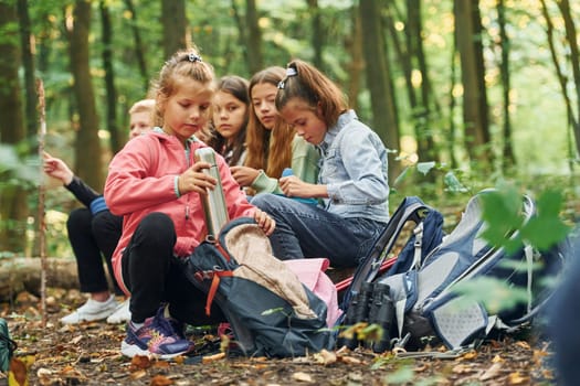 Sitting and having a rest. Kids in green forest at summer daytime together.