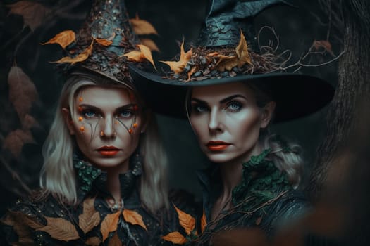 Witch with making witchcraft, magic spells, hat conjuring. Spooky dark magic forest . Magician. Wide Halloween party art design. Terrifying scary personage, beautiful sorceress.
