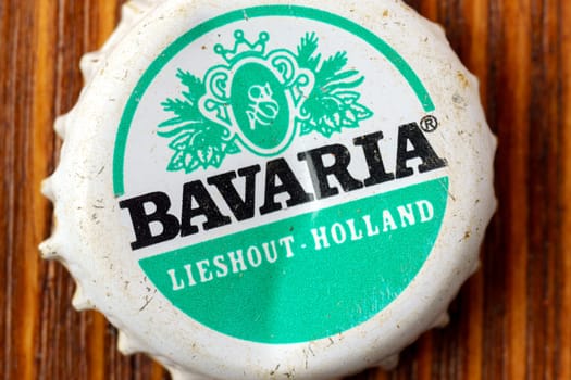 Tyumen, Russia-February 15, 2023: Old cap from beer bavaria inscription, lifeshot holland, close up